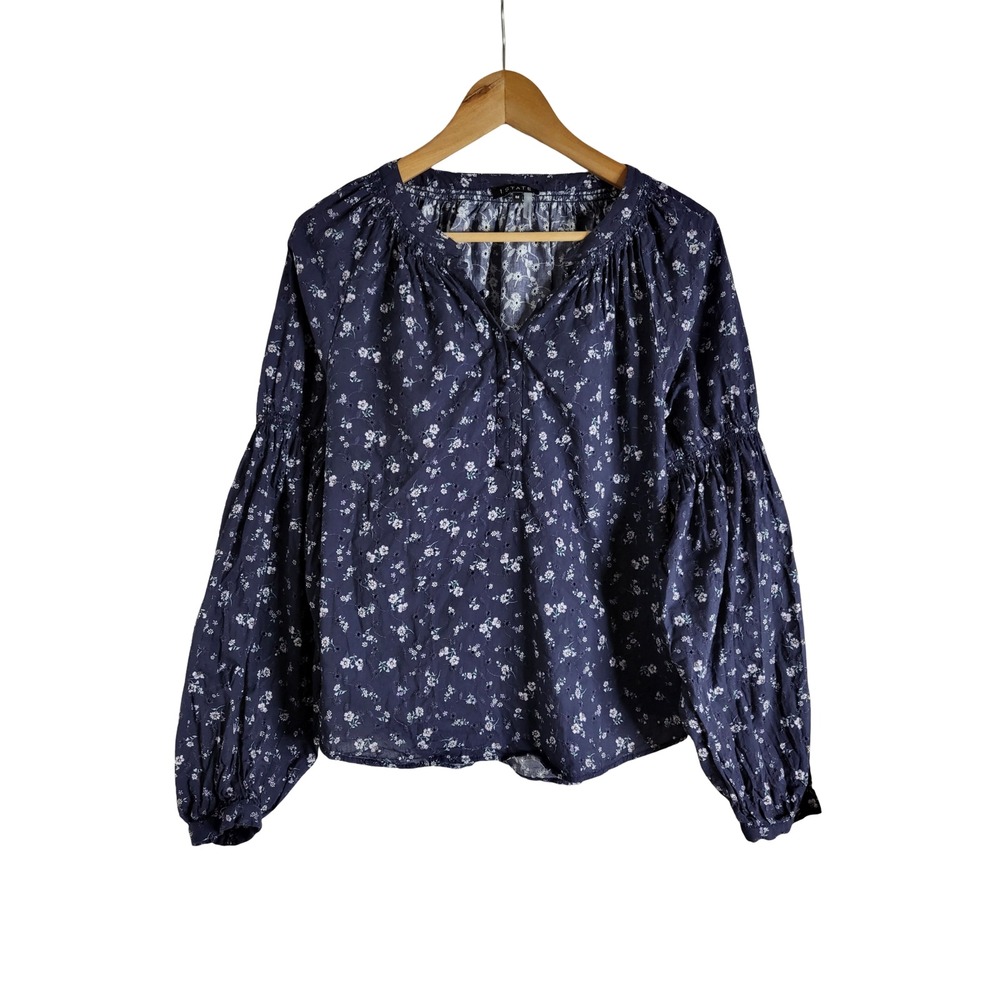 1.STATE Navy Floral Cotton Eyelet Balloon Sleeve Blouse M Cottagecore Romantic